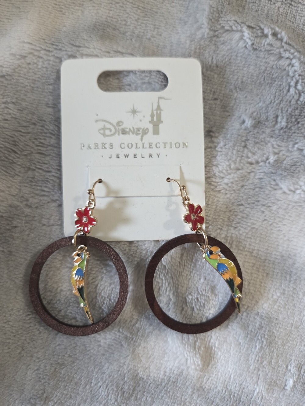 Disney Multicolor Parrot Hoop Earrings with Red Flower Accents